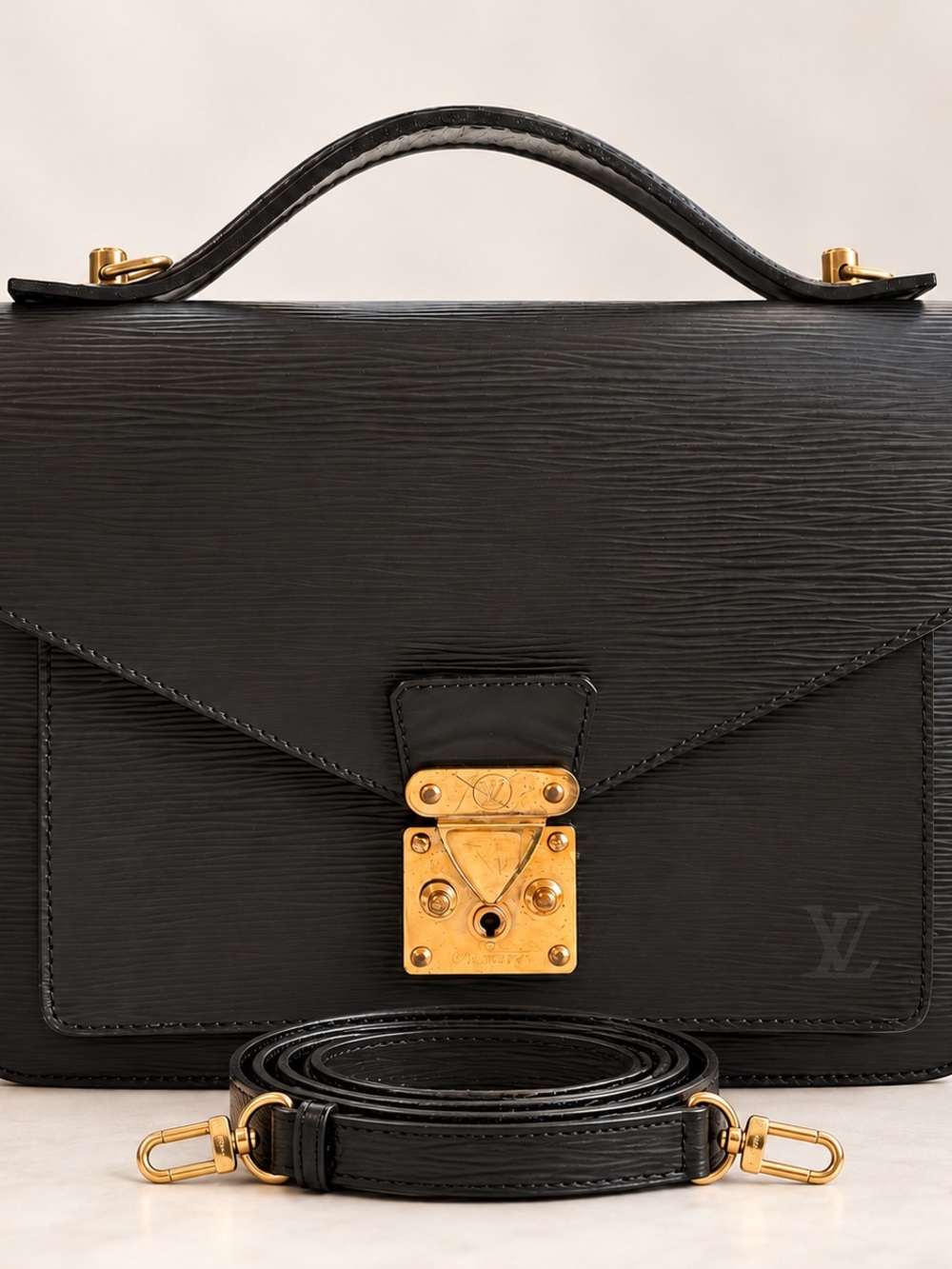 Louis Vuitton Black Epi Leather Satchel with Gold Hardware